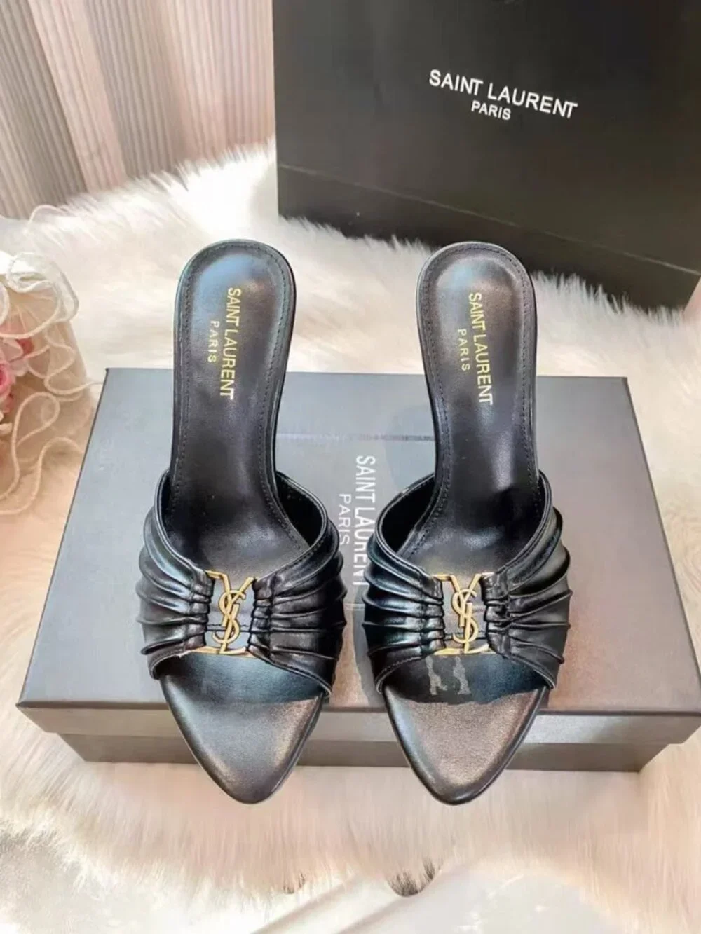 Saint Laurent YSL Black Ruched Leather Stiletto Mule Slides